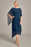 Navy Chiffon A-line Scoop hals Brudens mor kjole