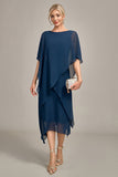 Navy Chiffon A-line Scoop hals Brudens mor kjole