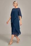 Navy Chiffon A-line Scoop hals Brudens mor kjole