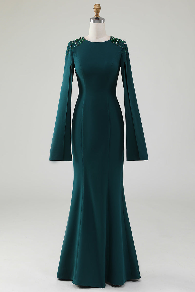 Indlæs billede til gallerivisning Mørkegrøn havfrue kjole med rund hals med perleformede kappeærmer