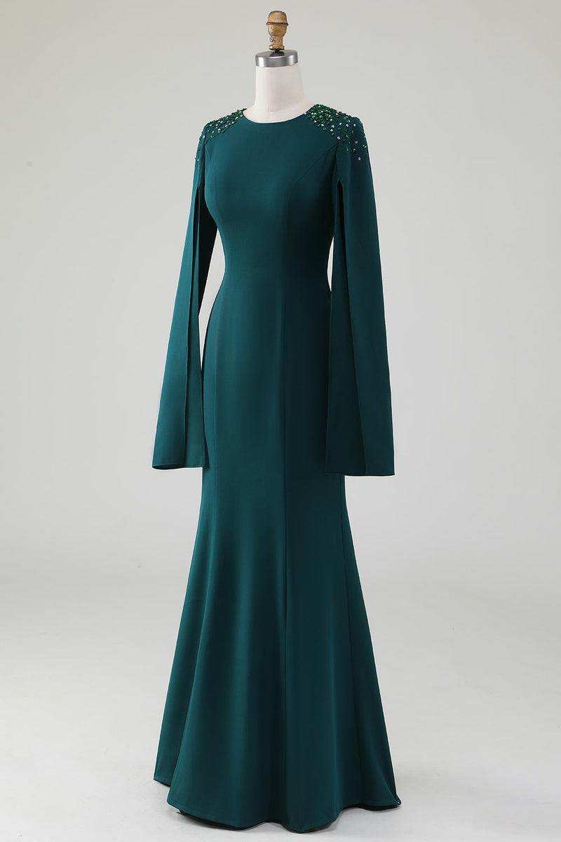 Indlæs billede til gallerivisning Mørkegrøn havfrue kjole med rund hals med perleformede kappeærmer