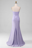 Lilac Sheath Strapless korset gallakjoler med blondeapplikationer