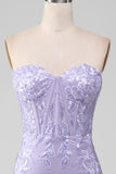 Lilac Sheath Strapless korset gallakjoler med blondeapplikationer