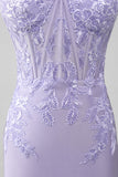 Lilac Sheath Strapless korset gallakjoler med blondeapplikationer