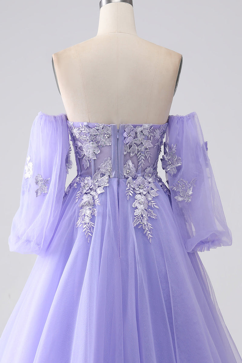 Indlæs billede til gallerivisning Lavendel A-Line stropløs tyl lang gallakjole med ærmer