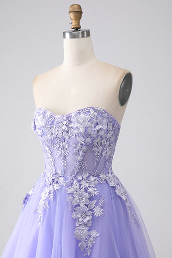 Lavendel A-Line stropløs tyl lang gallakjole med ærmer