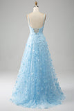 Himmelblå A Line Spaghetti Stropper Glitrende Beaded Gallakjole med 3D sommerfugle