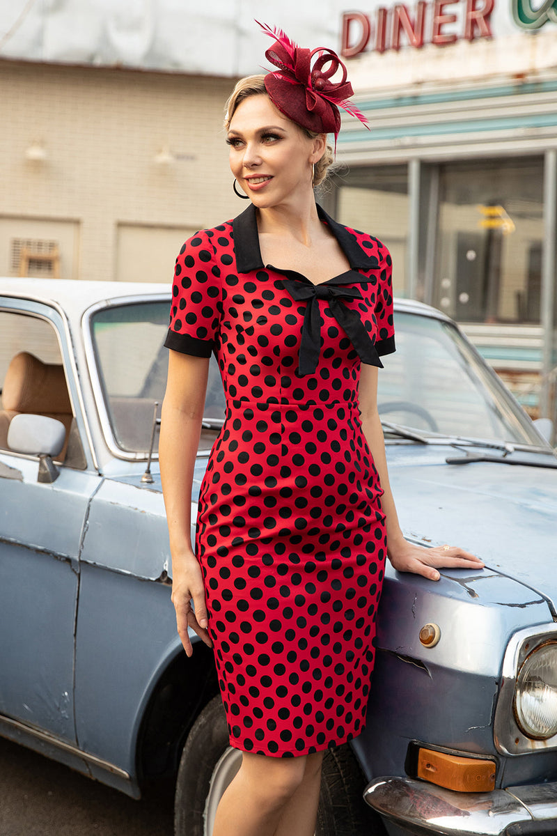 Indlæs billede til gallerivisning Røde polkaprikker 1960&#39;ernes kjole med sløjfe