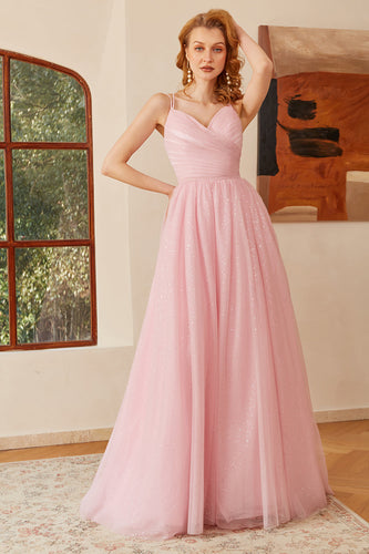 Glitter Pink Lace-Up Ruched Lang Prom Kjole