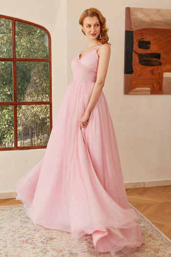 Glitter Pink Lace-Up Ruched Lang Prom Kjole