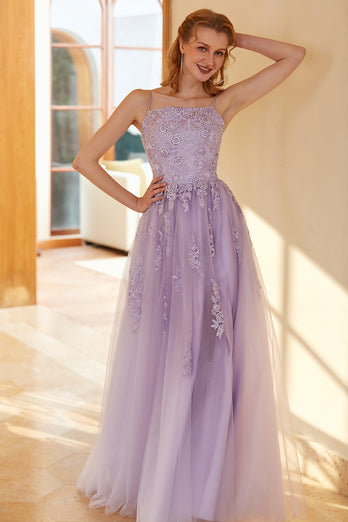 Charmerende en linje spaghetti stropper lys lilla lang Prom kjole med applikationer