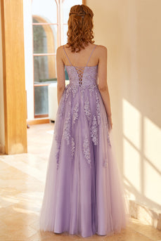 Charmerende en linje spaghetti stropper lys lilla lang Prom kjole med applikationer