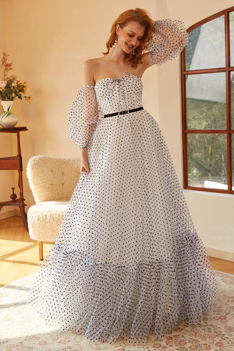 Hvid Polka prikker lang Prom kjole med ærmer