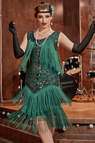 Mørkegrøn Gatsby 1920'er kjole med pailletter og frynser