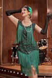 Mørkegrøn Gatsby 1920'er kjole med pailletter og frynser