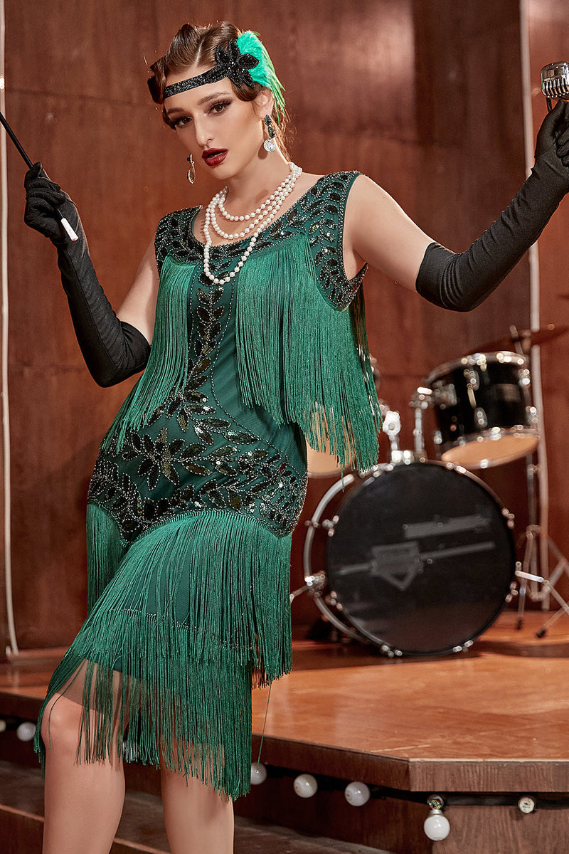 Indlæs billede til gallerivisning Mørkegrøn Gatsby 1920&#39;er kjole med pailletter og frynser
