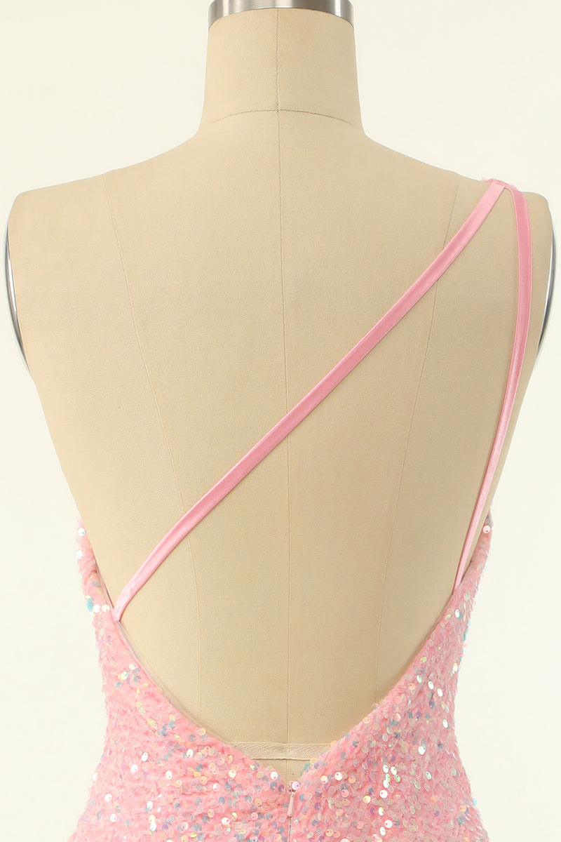 Indlæs billede til gallerivisning Pink Pailletter med en skulder Stram Homecoming Kjole