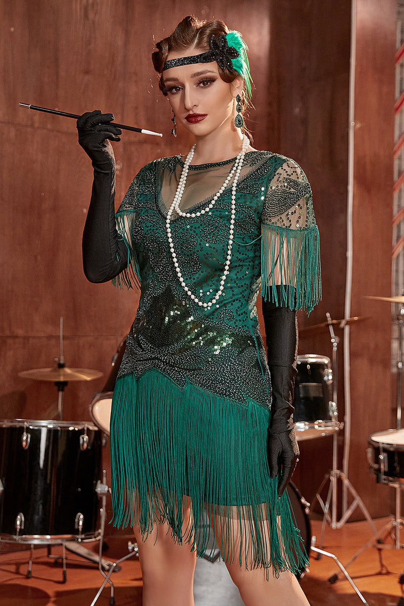 Indlæs billede til gallerivisning Mørkegrøn Bateau-hals 1920&#39;erne Gatsby-kjole med frynser