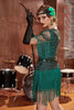 Indlæs billede til gallerivisning Mørkegrøn Bateau-hals 1920&#39;erne Gatsby-kjole med frynser