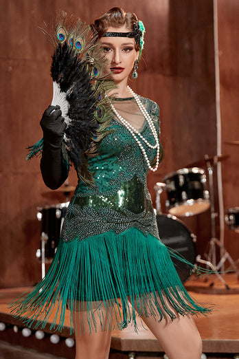 Mørkegrøn Bateau-hals 1920'erne Gatsby-kjole med frynser