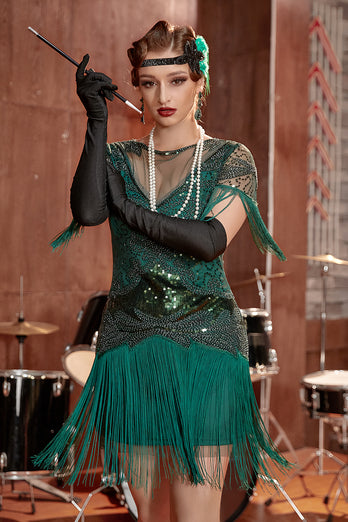 Mørkegrøn Bateau-hals 1920'erne Gatsby-kjole med frynser