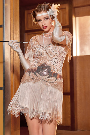 Rose Golden Bateau Neck 1920'erne Gatsby Kjole med frynser