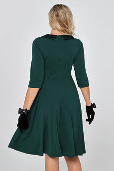 Mørkegrøn 3/4 ærmer Vintage kjole