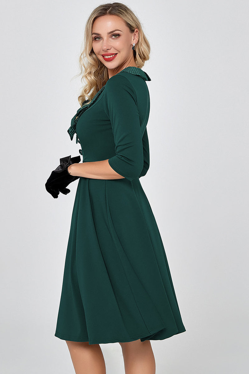 Indlæs billede til gallerivisning Mørkegrøn 3/4 ærmer Vintage kjole