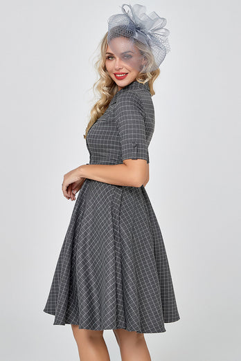 Grå Plaid halværmer Vintage kjole fra 1950'erne