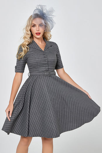 Grå Plaid halværmer Vintage kjole fra 1950'erne