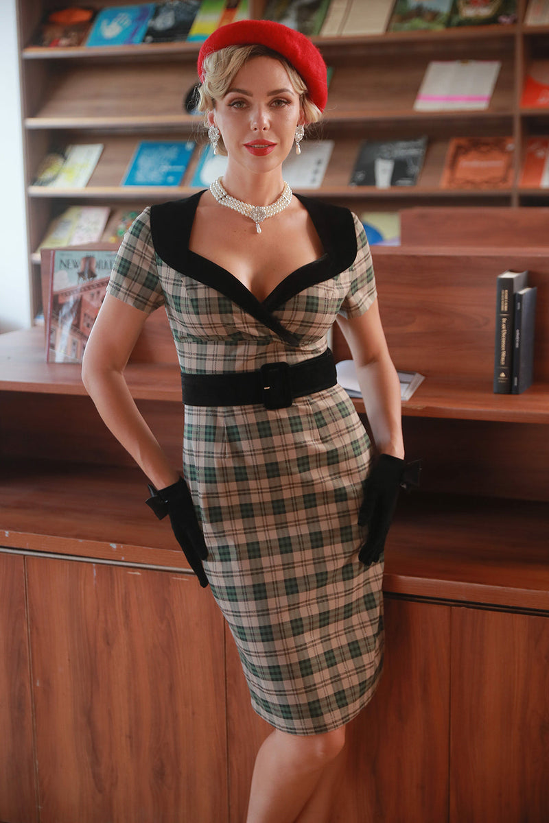Zapaka Kvinder Khaki Plaid 1960'erne Kjole Vintage Wiggle Kjole – ZAPAKA DA