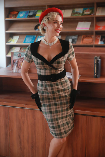Khaki Plaid 1960'ernes vintage kjole med bælte