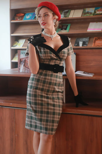 Khaki Plaid 1960'ernes vintage kjole med bælte