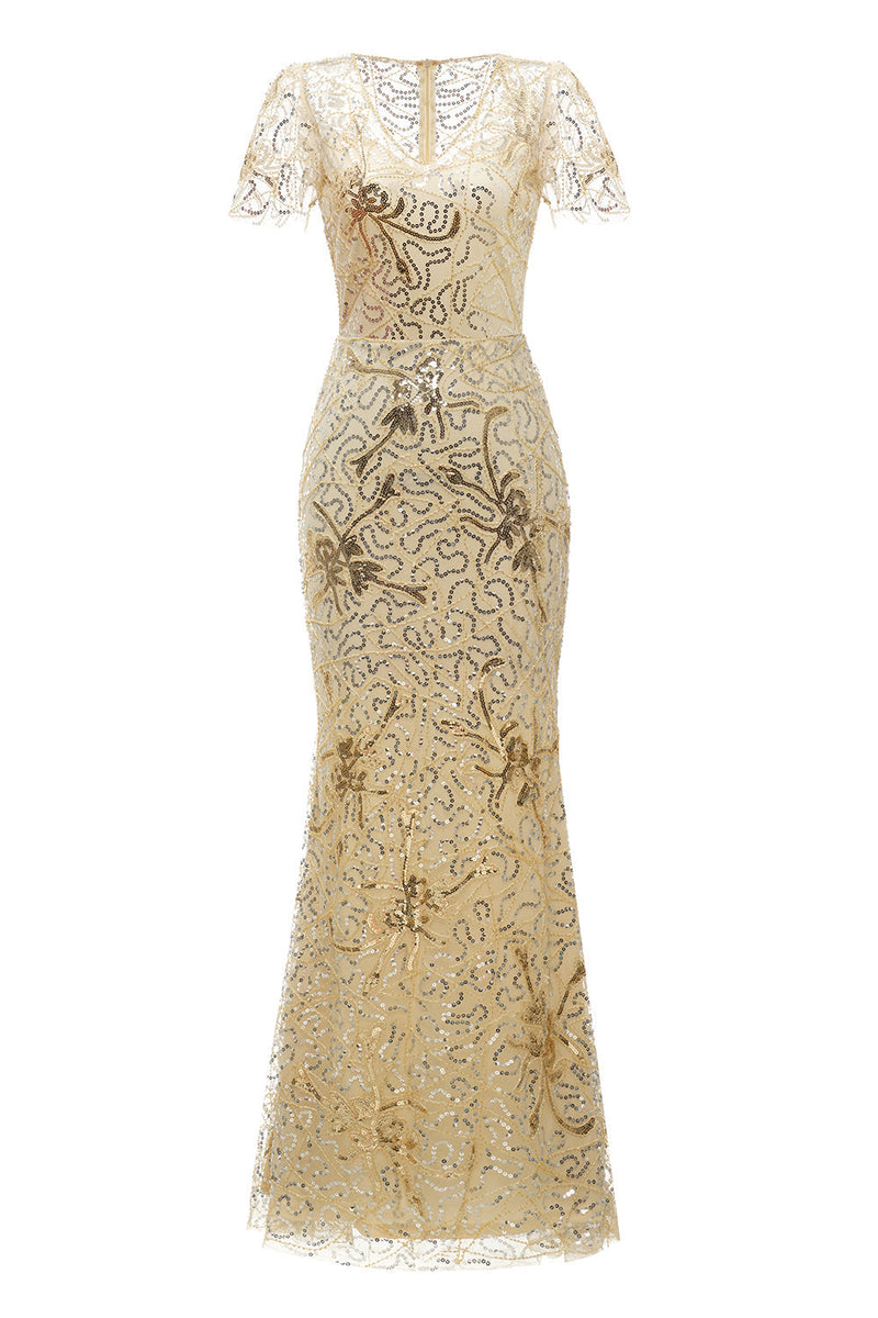 Indlæs billede til gallerivisning Gyldne V-hals korte ærmer Lang kjole fra 1920&#39;erne