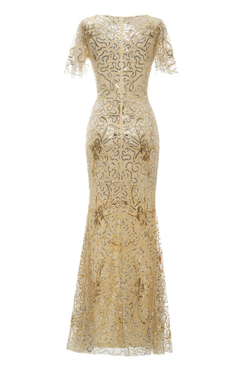 Gyldne V-hals korte ærmer Lang kjole fra 1920'erne