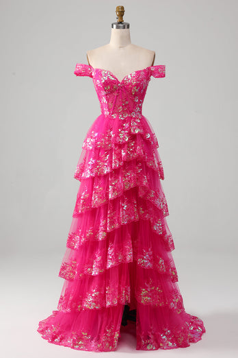 Prinsesse A Line Fra skulder Sort pink lang gallakjole med lagdelt blonder