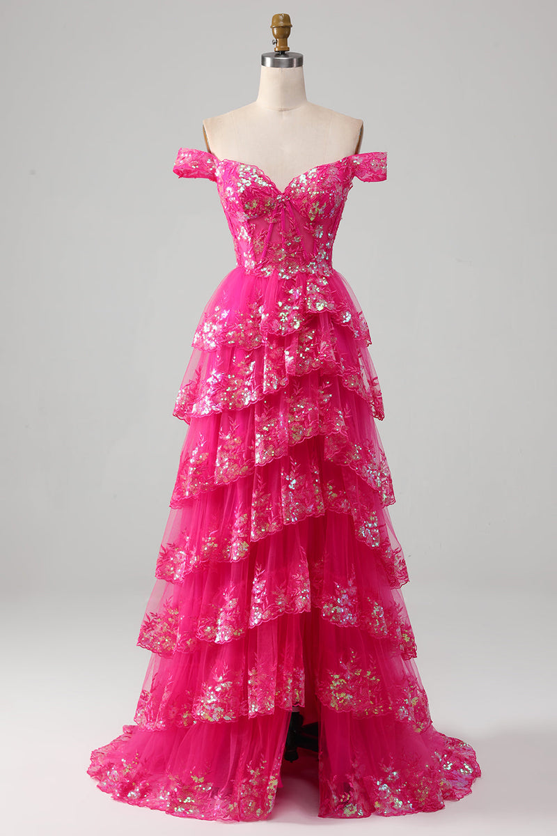 Indlæs billede til gallerivisning Prinsesse A Line Fra skulder Sort pink lang gallakjole med lagdelt blonder