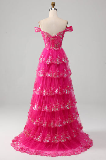 Prinsesse A Line Fra skulder Sort pink lang gallakjole med lagdelt blonder