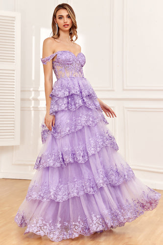 Off the Shoulder Purple Corset Prom Dress med slids