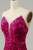 Indlæs billede til gallerivisning Hot Pink Strapless Pailletkjole med slids