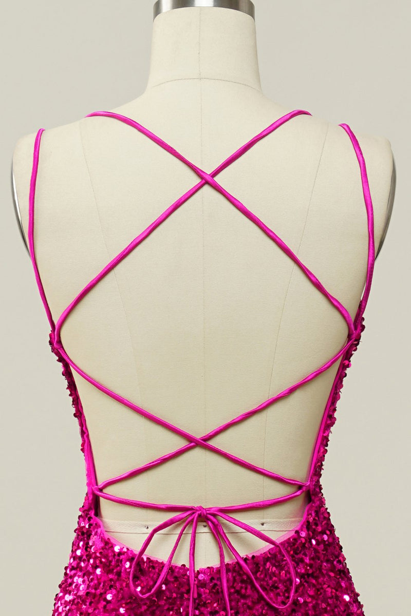 Indlæs billede til gallerivisning Hot Pink Pailet Spaghetti Stropper Havfrue Prom Kjole med Snørebånd Tilbage