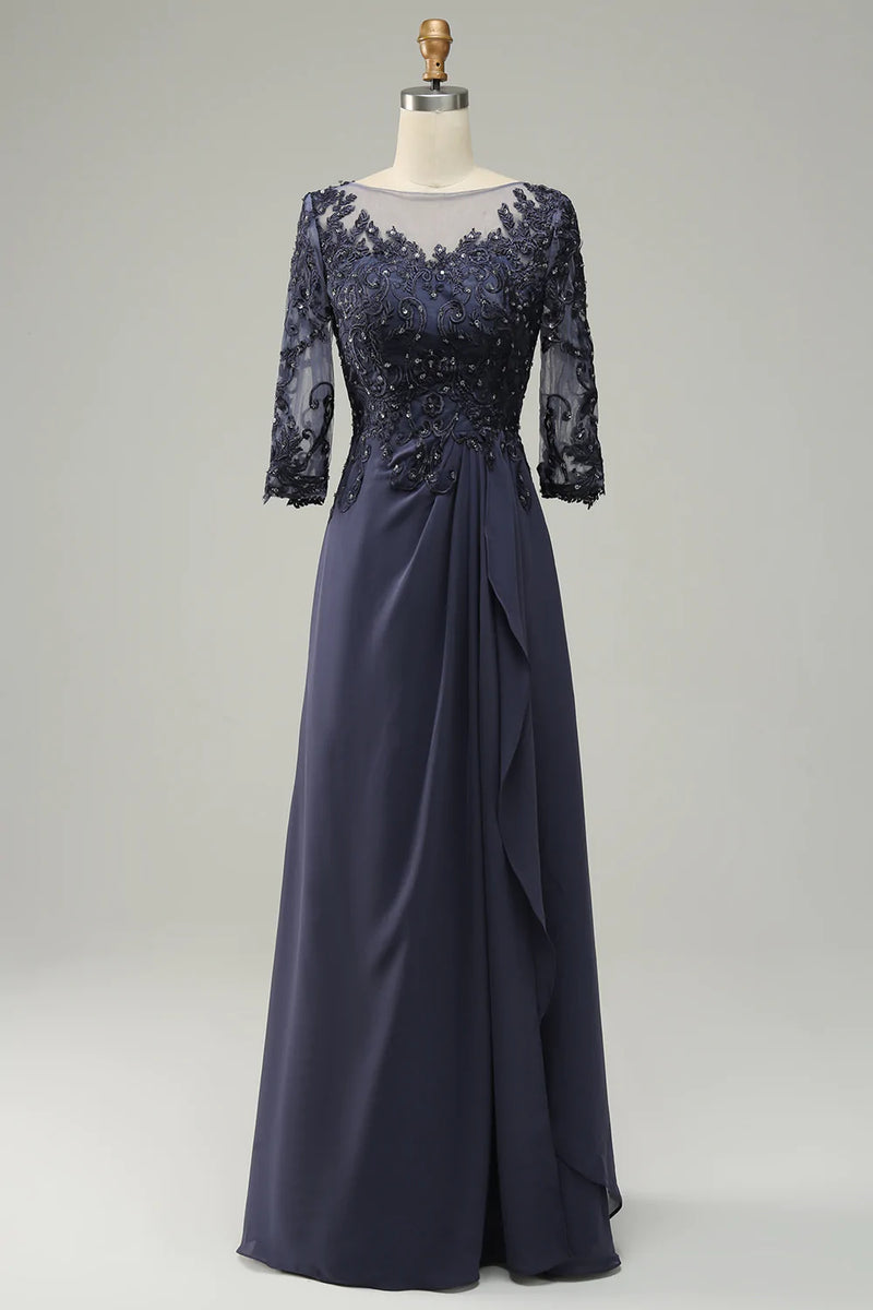 Indlæs billede til gallerivisning Langærmede blå brudemor kjole med applikationer