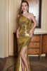 Indlæs billede til gallerivisning One Shoulder Gold Sequin Prom Kjole med slids
