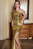 One Shoulder Gold Sequin Prom Kjole med slids