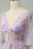 Indlæs billede til gallerivisning A-Line V-hals Broderi Lavendel Lang Gallakjole med korte ærmer