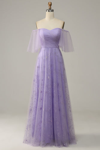 Off Shoulder lavendel prom kjole med flæser