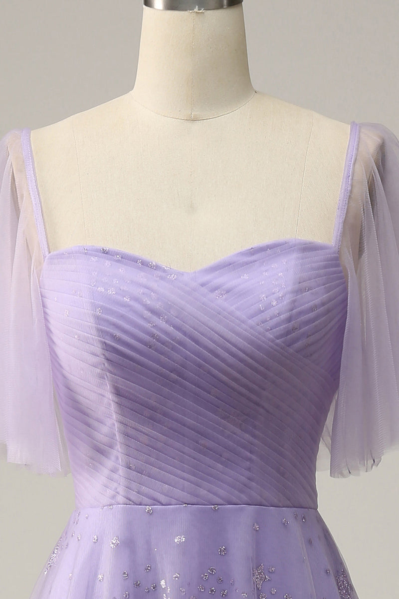 Indlæs billede til gallerivisning Off Shoulder lavendel prom kjole med flæser