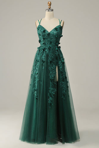 Mørkegrøn A Line Tulle Prom kjole med slids