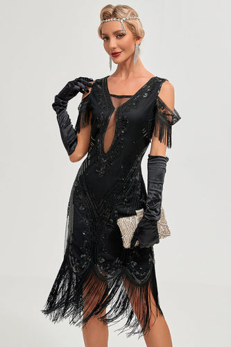 Sorte kolde skulder pailletter frynser 1920'erne Gatsby kjole