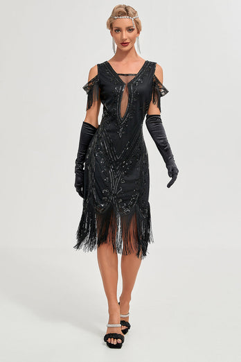 Sorte kolde skulder pailletter frynser 1920'erne Gatsby kjole